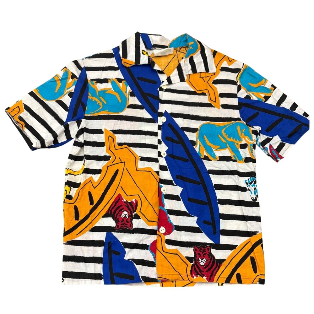 Clammers Jammers Vintage 90s Animal Print Camp Shirt Mens Small Striped Retro